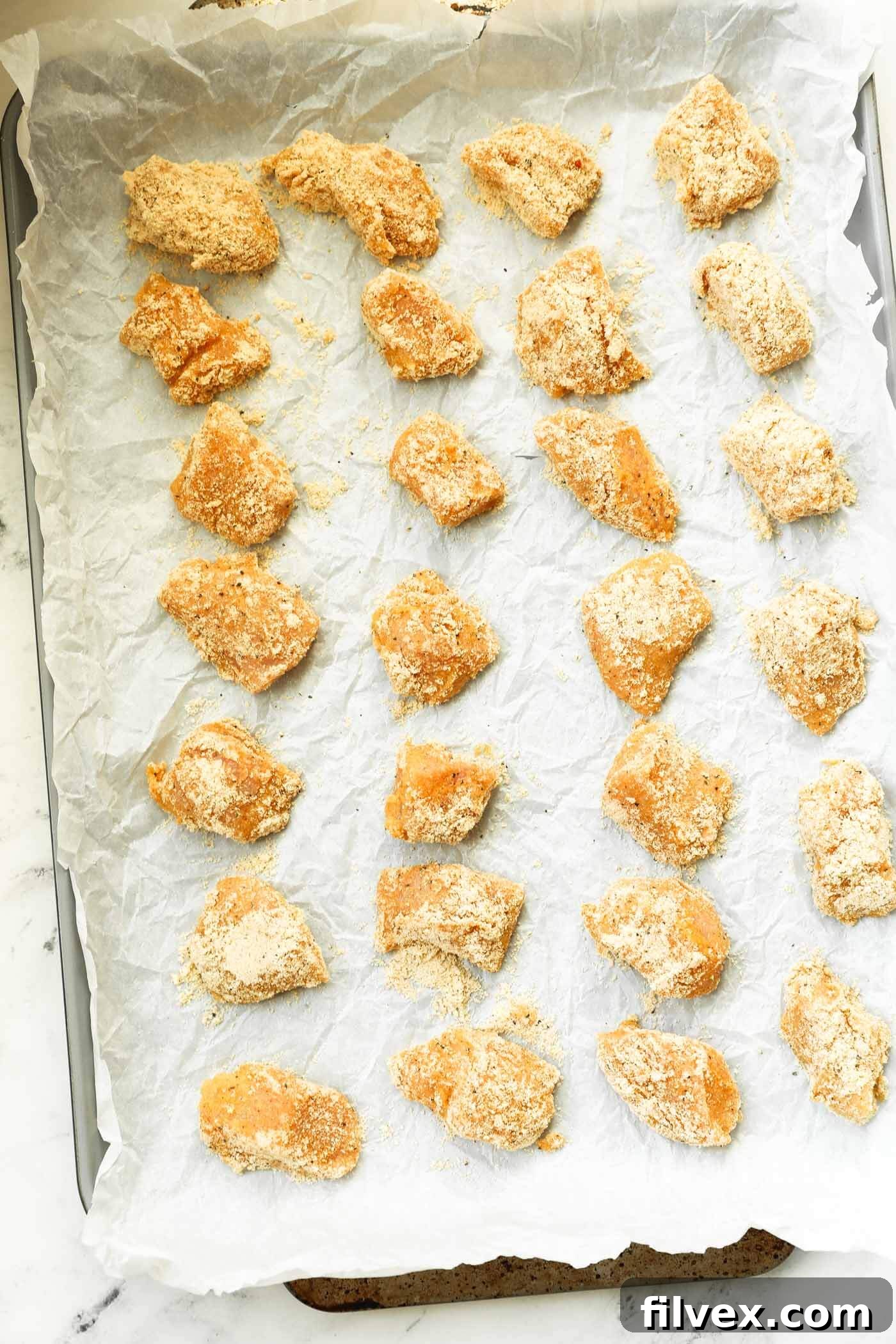 A baking sheet filled with perfectly spaced, breaded keto chicken nuggets ready for baking.
