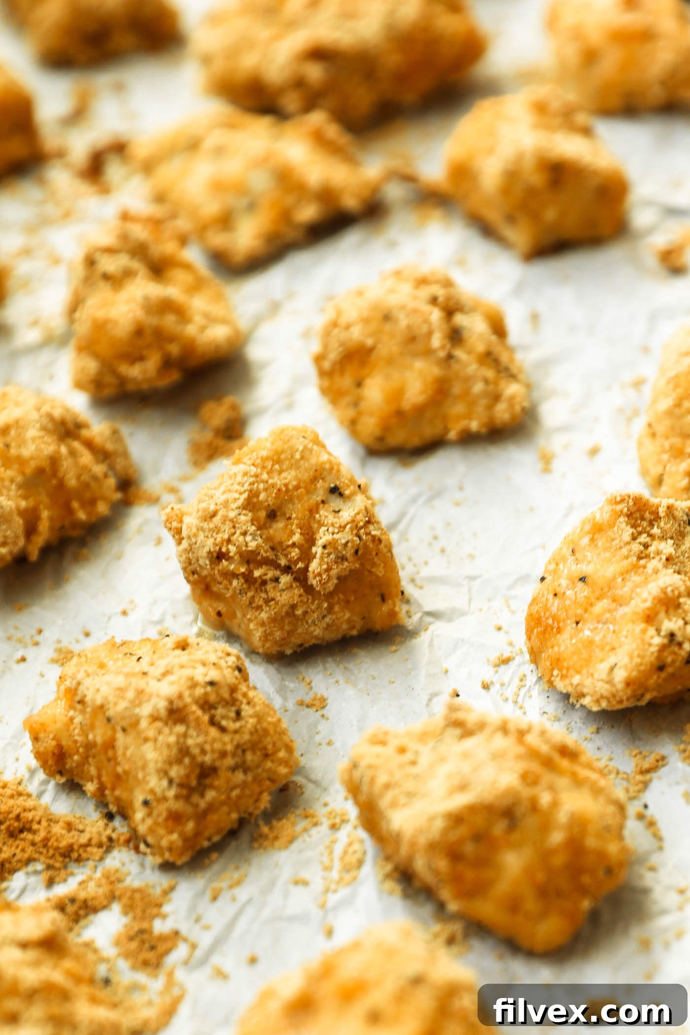 Close-up of a stack of golden, crispy keto chicken nuggets, showcasing their inviting texture.