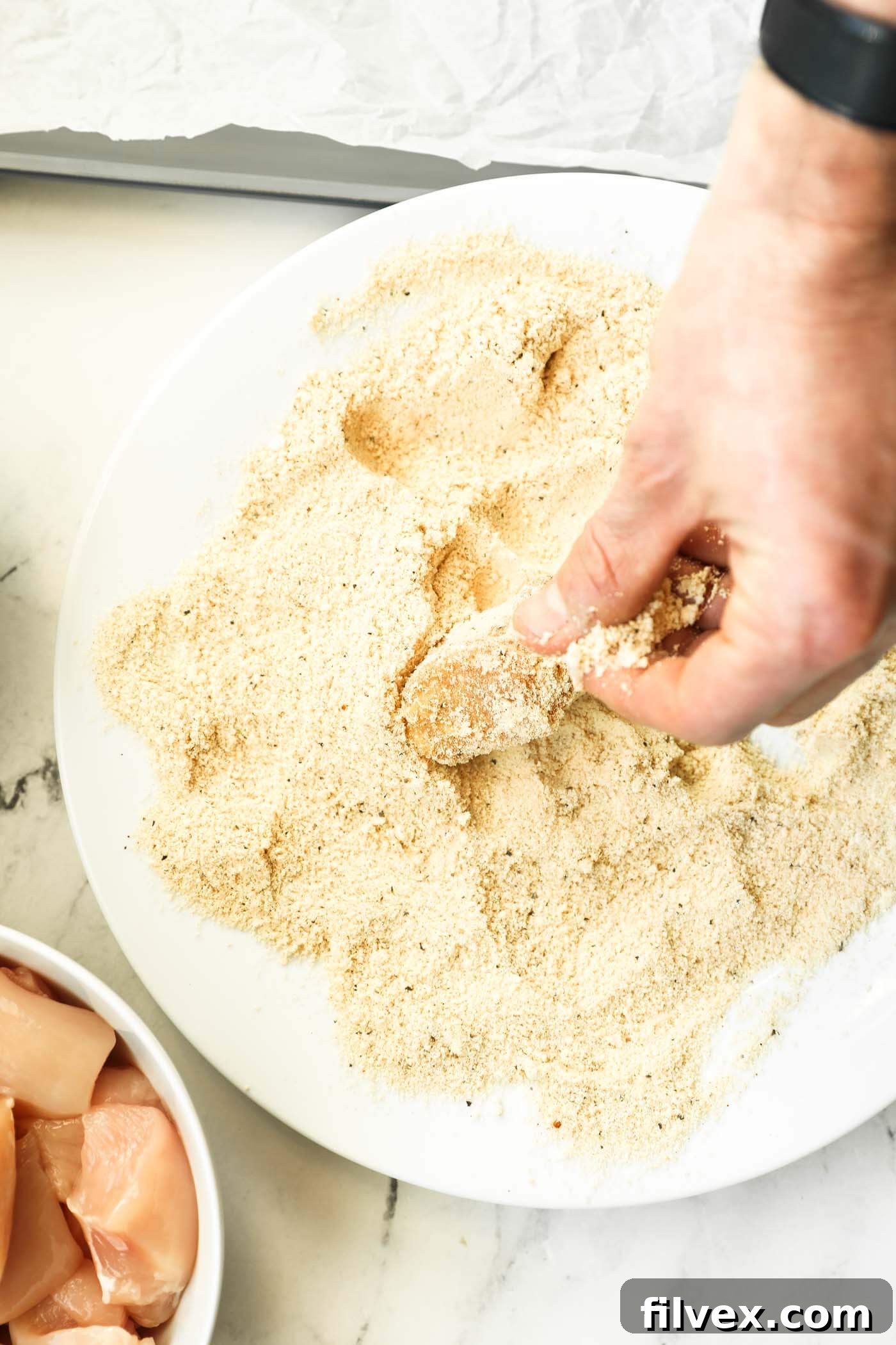 An egg-coated chicken piece being dredged in the seasoned flour mixture.