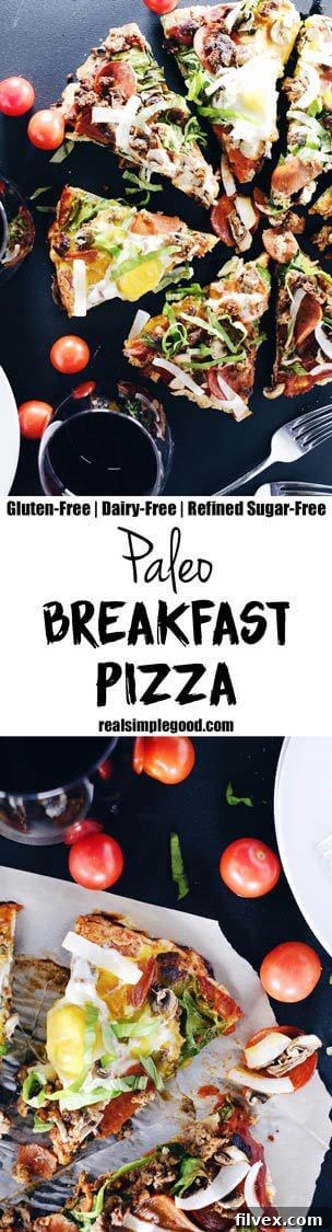 High-protein, low-carb Paleo Breakfast Pizza with all your favorite toppings including eggs, sausage, and fresh vegetables. Gluten-Free and Dairy-Free for a guilt-free indulgence. | realsimplegood.com