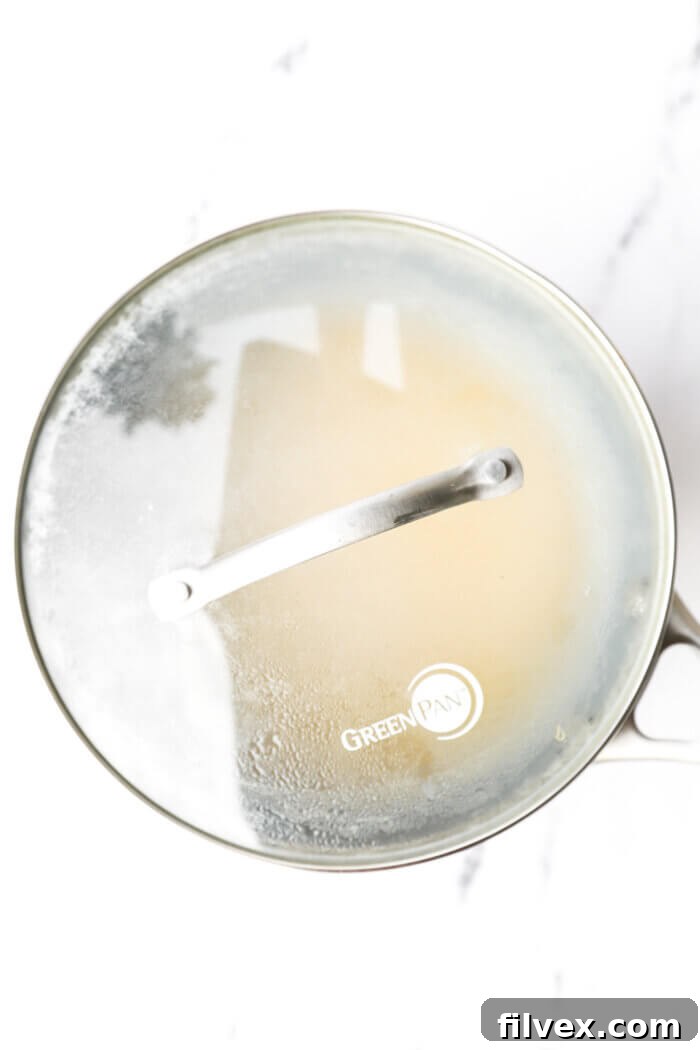 Saucepan with millet and water covered to simmer for 15 minutes.