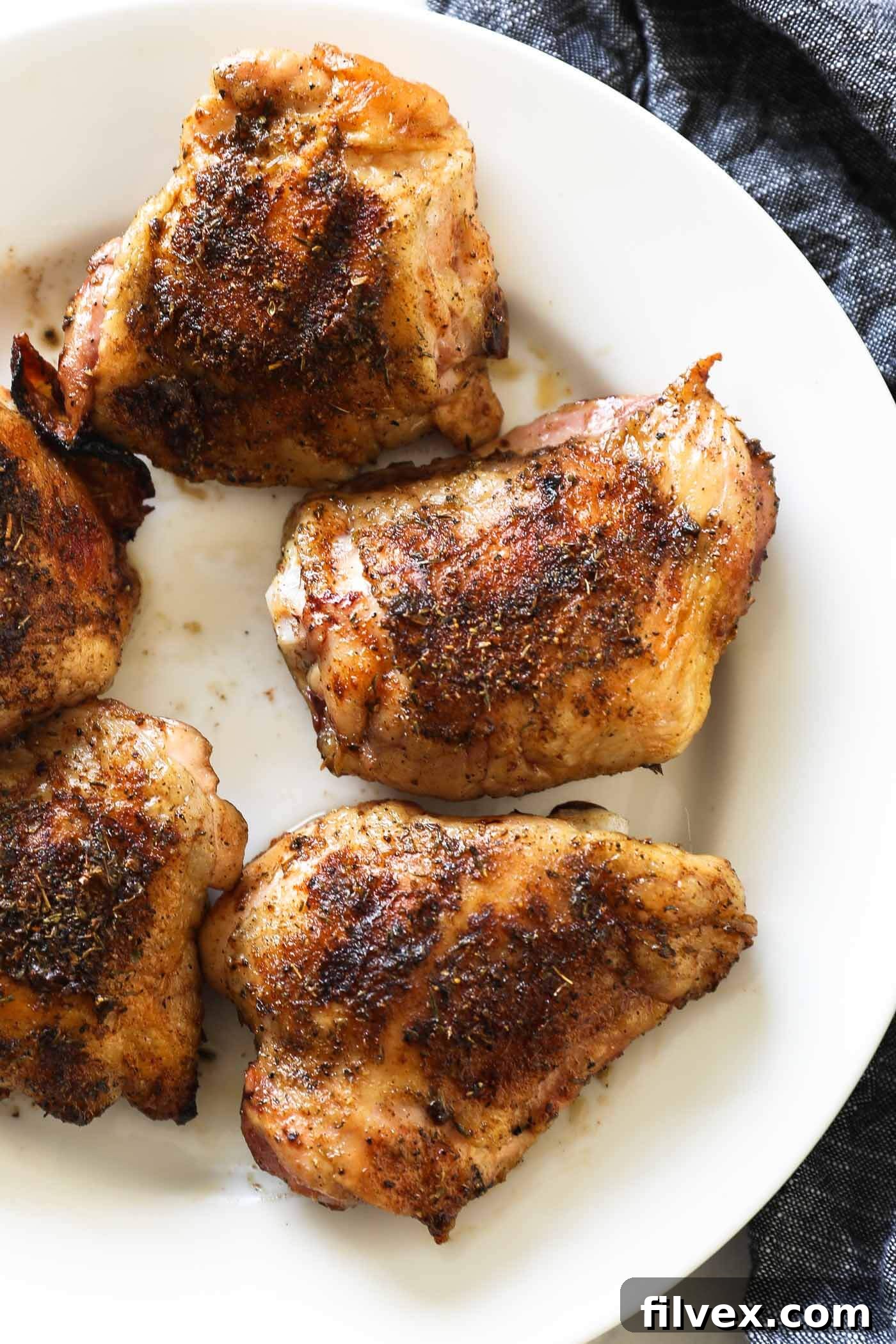 Perfectly smoked chicken thighs with crispy skin on a white plate