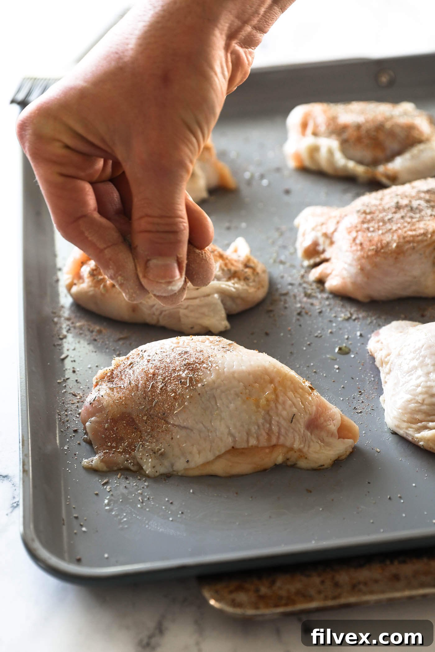 Seasoning chicken thighs completely with dry rub on both sides