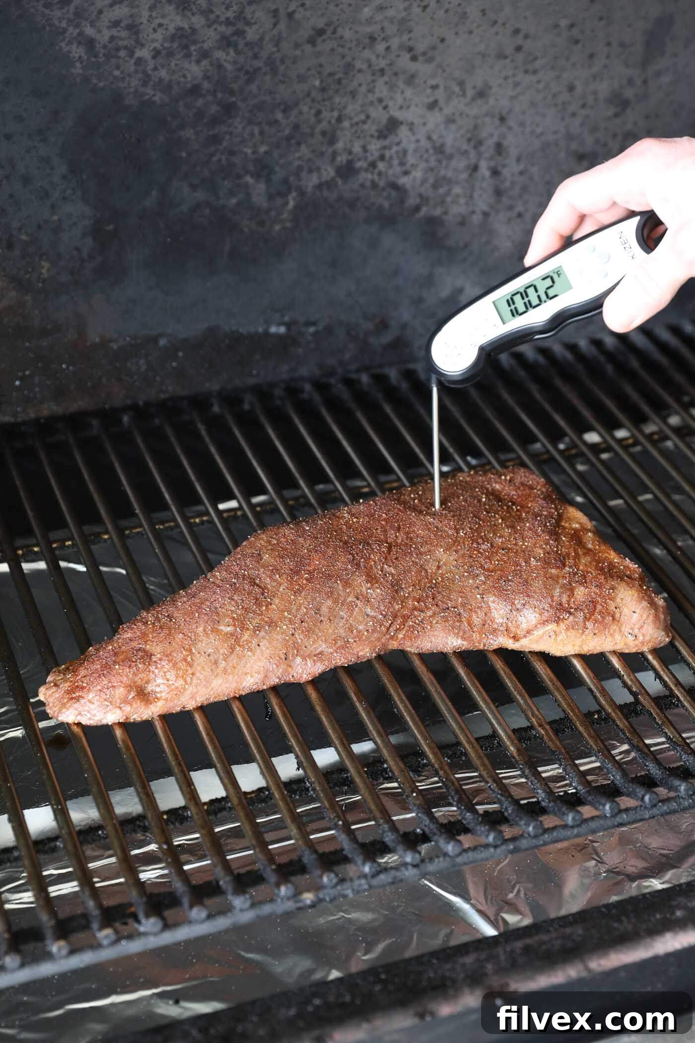 Another angle of a raw tri-tip highlighting the varying grain.