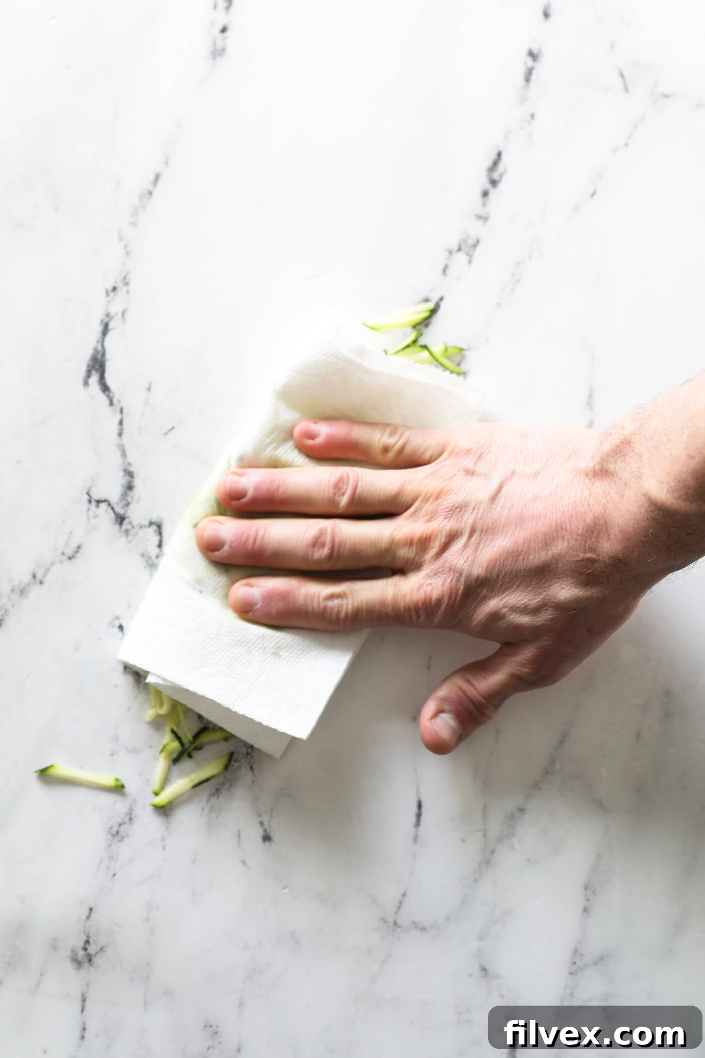 A hand patting shredded zucchini to get the excess liquid out.