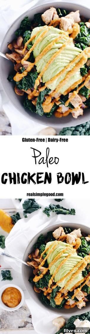 This paleo chicken bowl with roasted red pepper sauce is perfect for quick, healthy meals. Clean and Whole30 with only eight ingredients, prepared in under 30 minutes. Paleo, Whole30, Gluten-Free + Dairy-Free. | realsimplegood.com