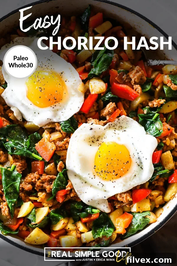 Easy chorizo hash in skillet with two eggs on top. Text at top: 'The Best One Pan Breakfast!'