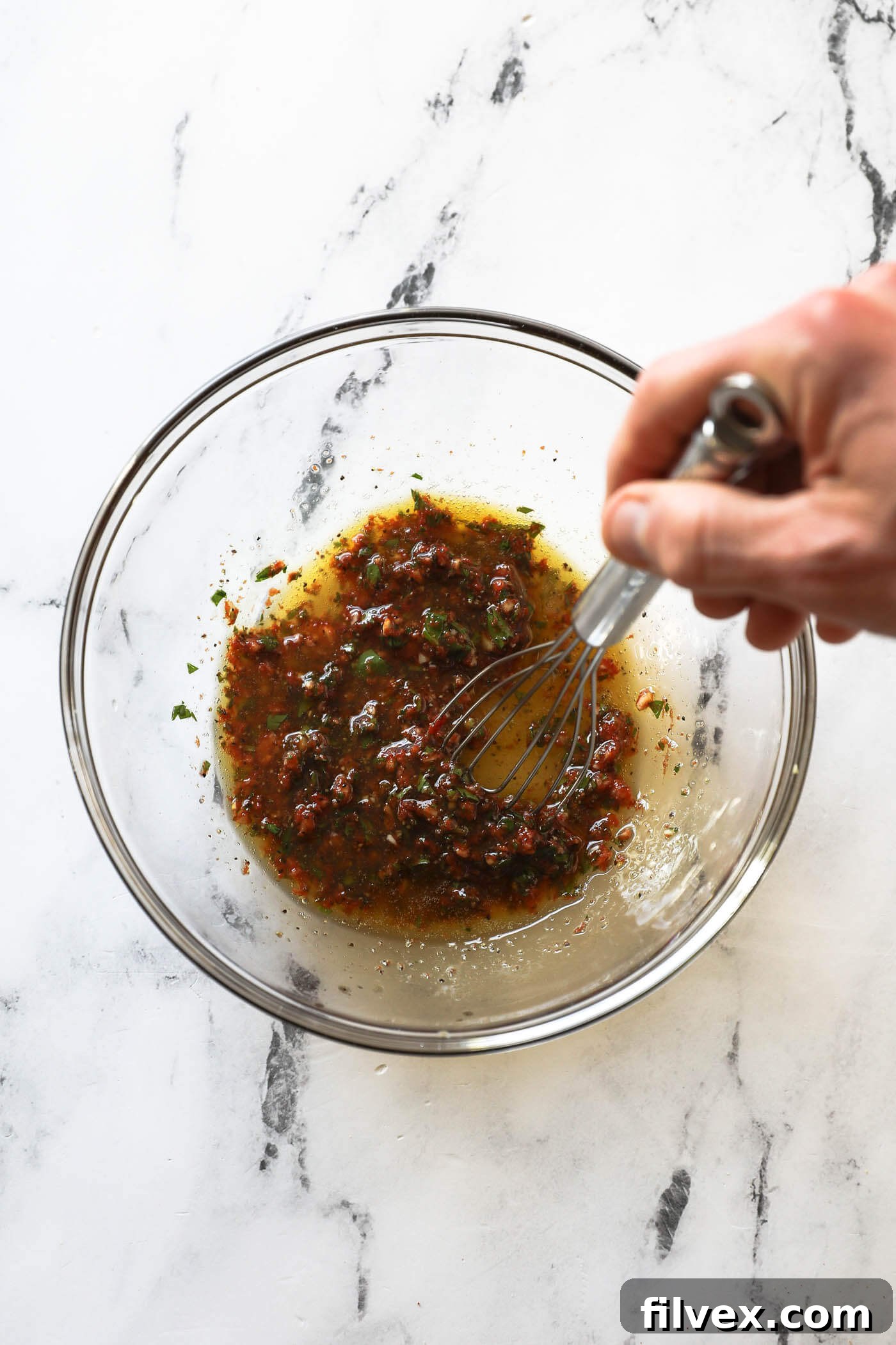 A hand vigorously whisking the marinade ingredients together in a bowl, transforming them into a smooth, emulsified, and intensely aromatic mixture, ready to coat the shrimp.