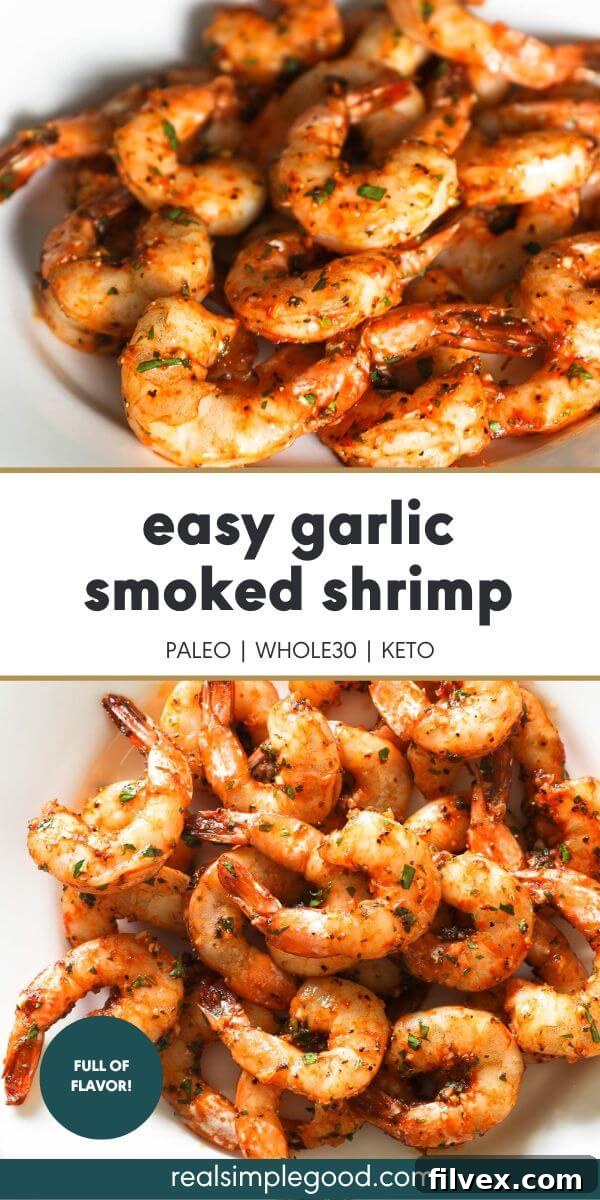 A compelling split image featuring two distinct views of the garlic smoked shrimp: an inviting close-up, angled shot of a plate laden with shrimp at the top, and a comprehensive overhead shot of the fully cooked shrimp at the bottom, expertly emphasizing their tender texture and overall appetizing appeal.