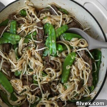 Close up overhead shot of beef pad thai with snow peas and a spoon sticking out.
