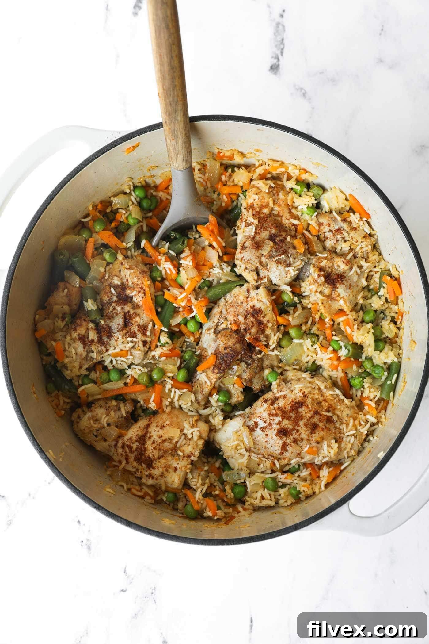 The finished Dutch oven chicken and rice, cooked and ready to be served.