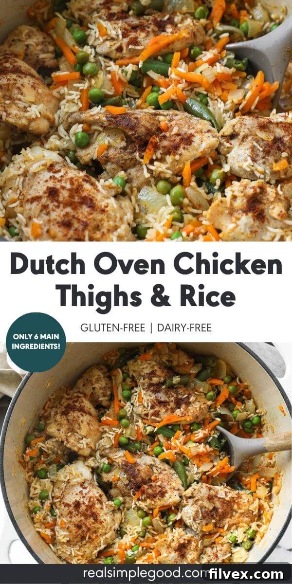 Split image with text in middle. Close up angle of chicken and rice with veggies on top and overhead image of dutch oven chicken and rice bottom.