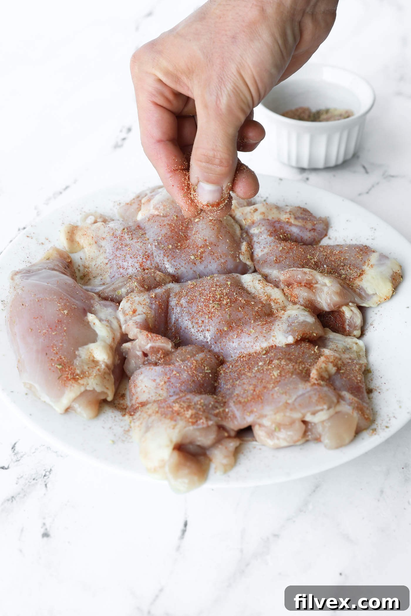 Chicken thighs are being seasoned generously on both sides with the spice mix.