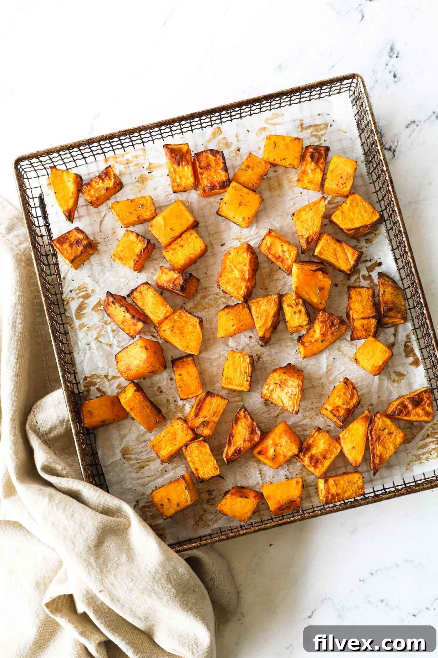 Delicious caramelized air fryer butternut squash cubes in a bowl, ready to serve.