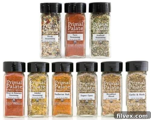 Collection of Primal Palate Organic Spice blends, including Adobo, Breakfast Blend, and Meat & Potatoes Seasoning.