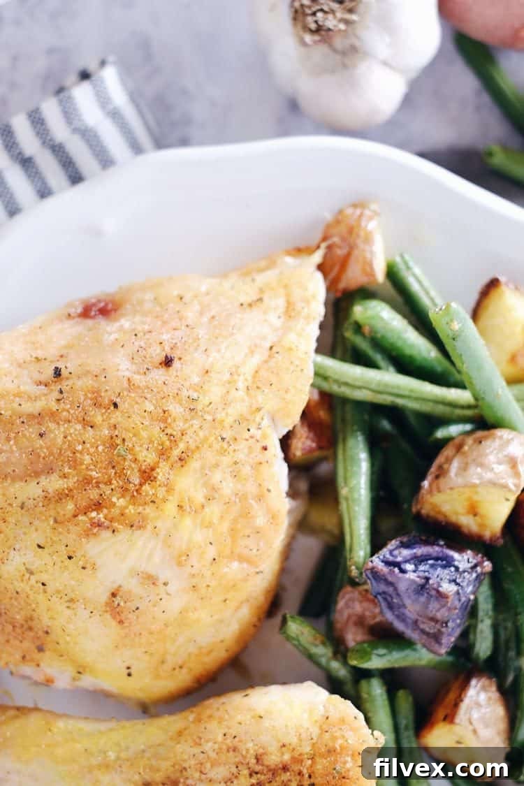 One-Pan Herb Roasted Chicken and Veggies, a close-up of the finished dish with golden-brown chicken and perfectly roasted vegetables. Paleo + Whole30, Gluten-Free + Dairy-Free.