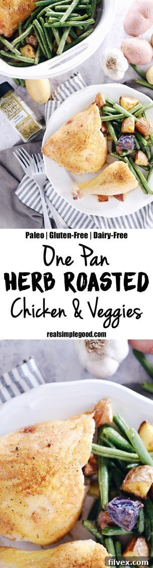 Click here to pin this One-Pan Herb Roasted Chicken and Veggies recipe for later on Pinterest.