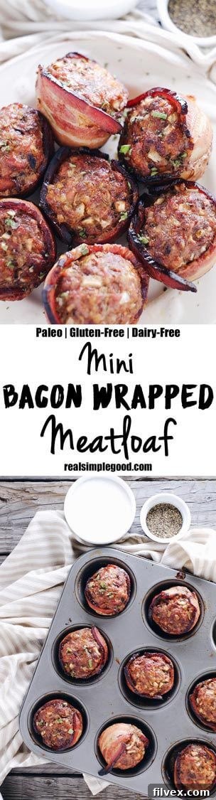 A vibrant collage image featuring three different shots of the mini bacon wrapped meatloaf, highlighting its appeal.