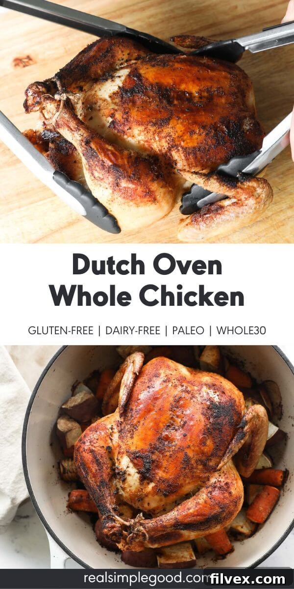 Split image with text at bottom. Overhead image of whole cooked chicken on top and overhead image of dutch oven filled with cooked veggies and a whole chicken on bottom.