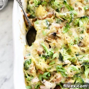 Close-up of the creamy garlic spaghetti squash casserole