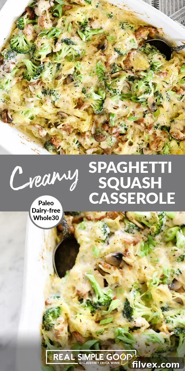 Large overhead shot of the creamy garlic spaghetti squash casserole in a dish with a serving spoon.