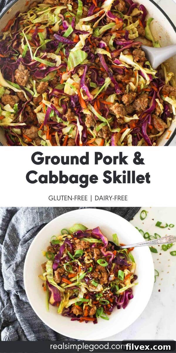Split image with text in middle. Pork and cabbage skillet on top and bowl of ground pork and cabbage on bottom.