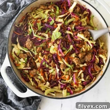 Overhead shot of ground pork and cabbage skillet
