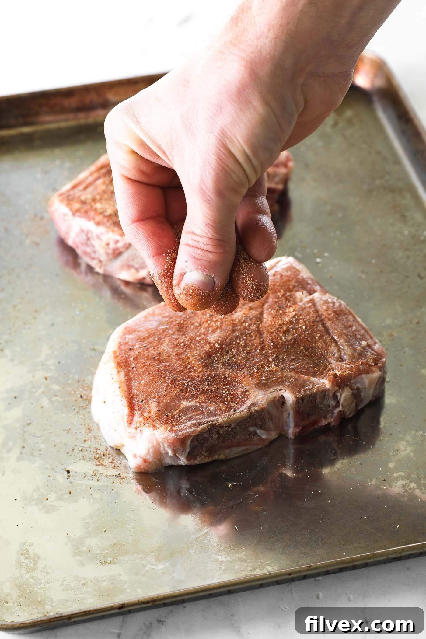 A pork chop being liberally seasoned with a homemade spice blend, showing a rich, even coating on its surface.