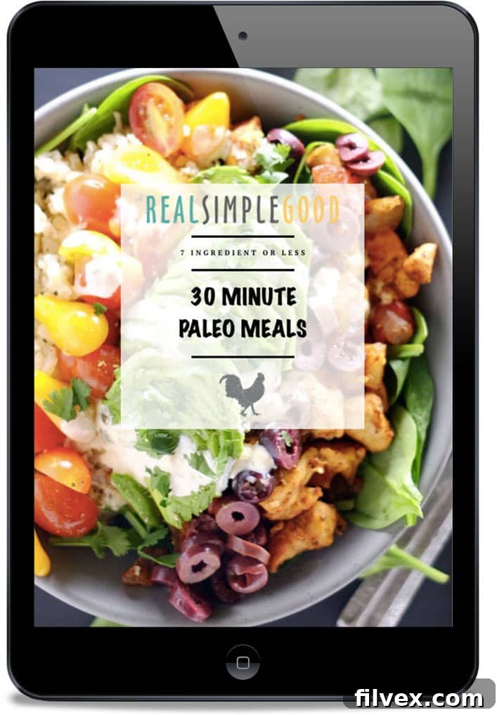 Cover image of the 30 Minute Paleo Meals eCookbook, featuring quick, delicious, and healthy Paleo recipes that are Gluten-Free, Dairy-Free, and Refined Sugar-Free. Perfect for busy lifestyles.