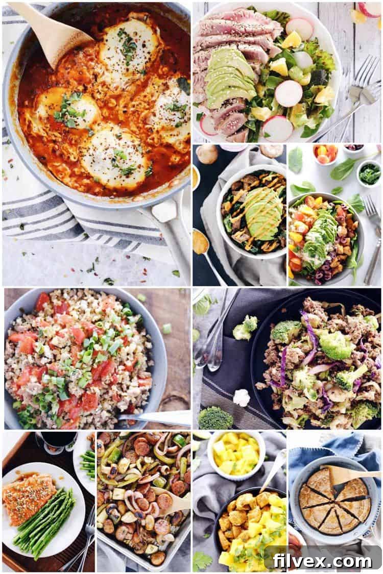 Spread of the 30 Minute Paleo Meals eCookbook, showcasing vibrant food photography and easy-to-follow recipe layouts for quick, healthy meals.