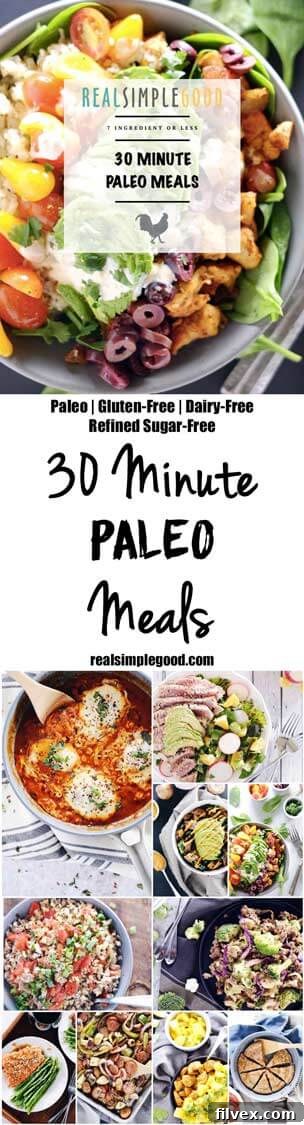 Promotional image for the 30 Minute Paleo Meals eCookbook, highlighting its features as Gluten-Free, Dairy-Free, and Refined Sugar-Free for easy, healthy cooking.