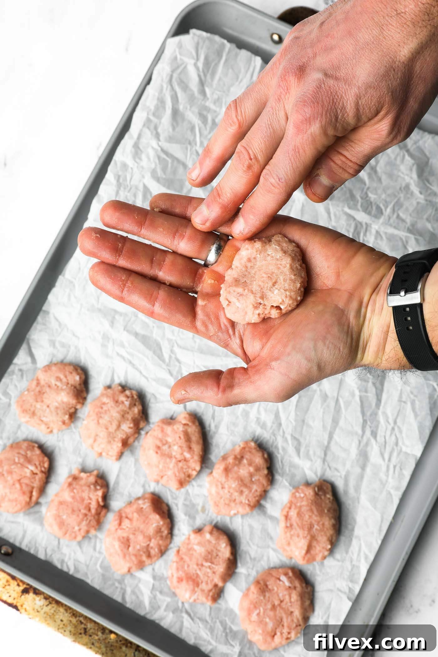 Forming ground chicken into round, flat nugget shapes