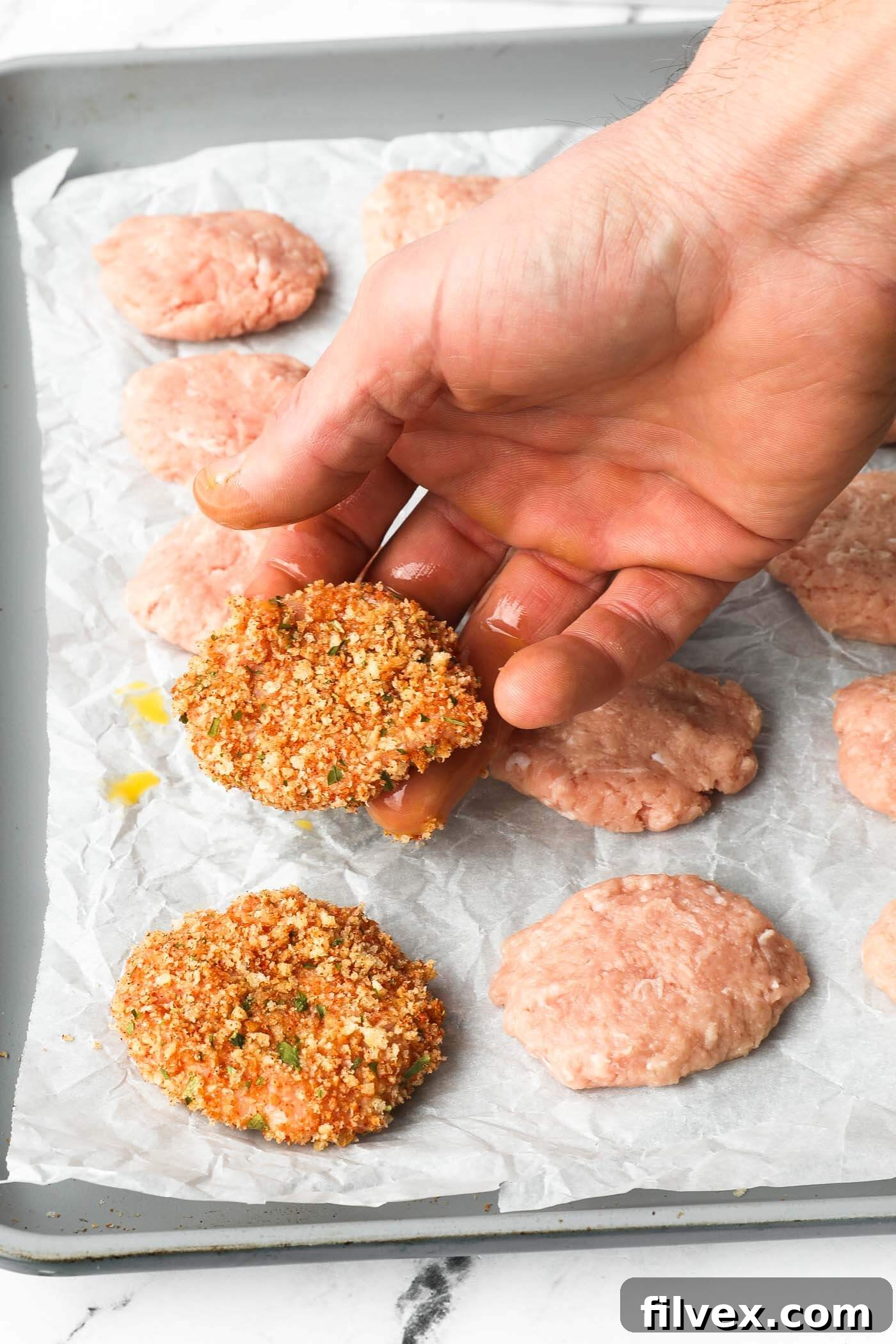 Placing a breaded chicken nugget onto a parchment-lined baking sheet