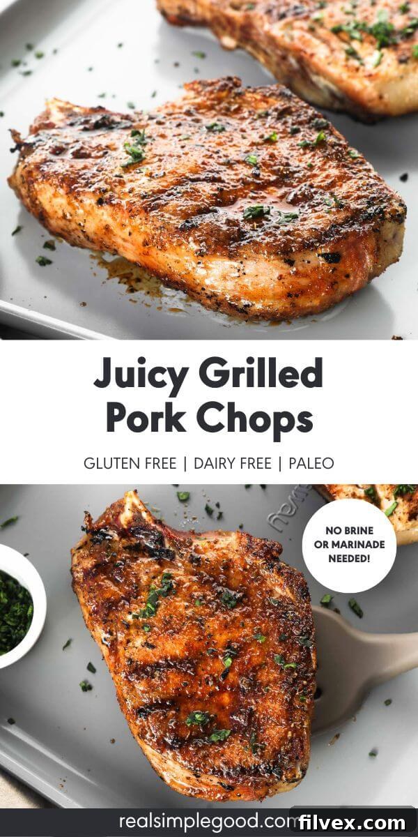 A split image with text in the middle. The top shows a close-up of grilled pork chops on a plate, while the bottom displays an overhead shot of the chops with side dishes.