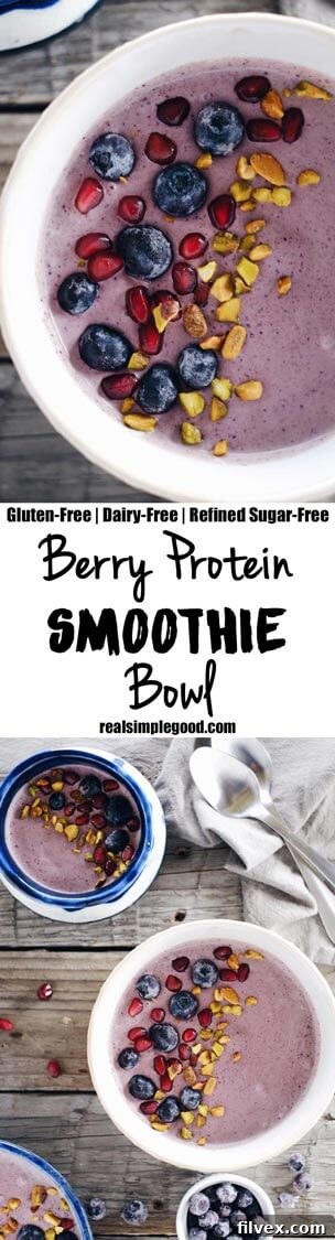 A vertical collage of two smoothie bowl photos. The top image is a close-up of a berry protein smoothie bowl with fresh berries, pomegranate, and nuts. The bottom image shows multiple bowls, similar in presentation.