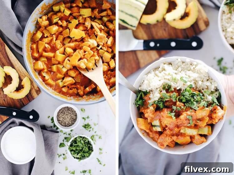 This Paleo + Whole30 red curry squash chicken bowl is so delicious, cozy and comforting. Quick and easy this fall favorite only takes 25 minutes to cook. Paleo, Whole30, Gluten-Free + Dairy-Free. | realsimplegood.com