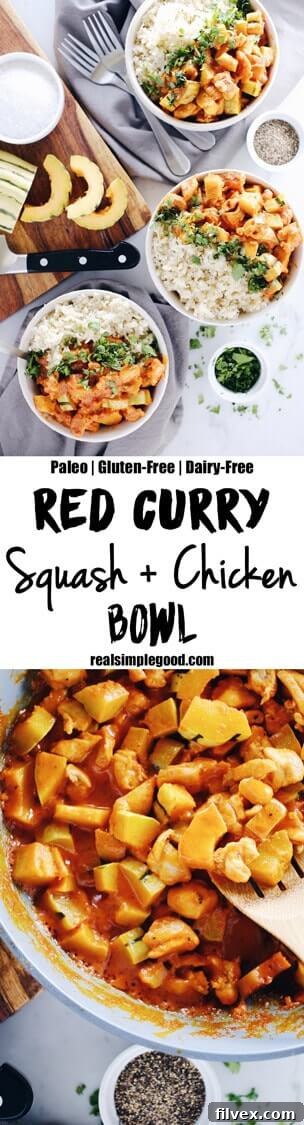 This Paleo + Whole30 red curry squash chicken bowl is so delicious, cozy and comforting. Quick and easy this fall favorite only takes 25 minutes to cook. Paleo, Whole30, Gluten-Free + Dairy-Free. | realsimplegood.com