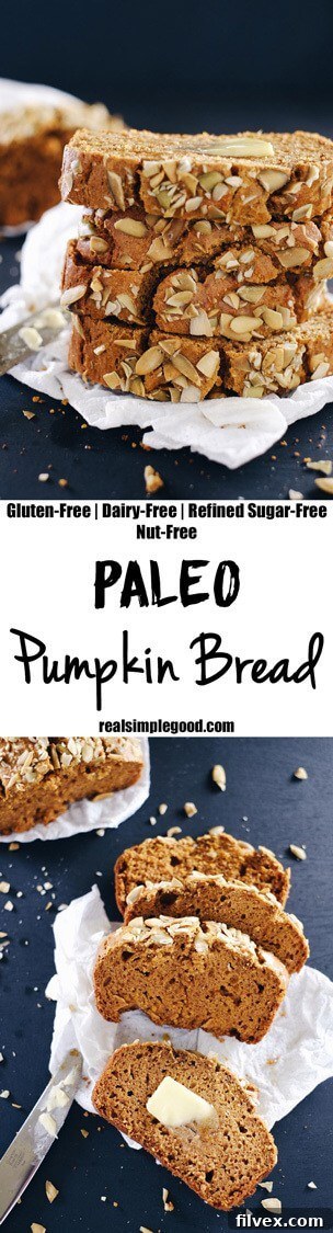 Paleo pumpkin bread recipe overview, gluten-free, nut-free, dairy-free, and refined sugar-free for healthy fall baking. | realsimplegood.com