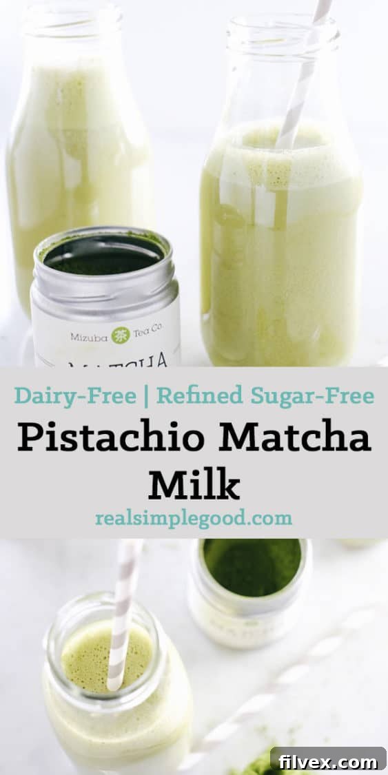 Caffeine junkie, but hate the spikes in energy? This pistachio matcha milk is for you! It will give you slow burn energy and lots of antioxidants! Paleo, Dairy-Free + Refined Sugar-Free. | realsimplegood.com