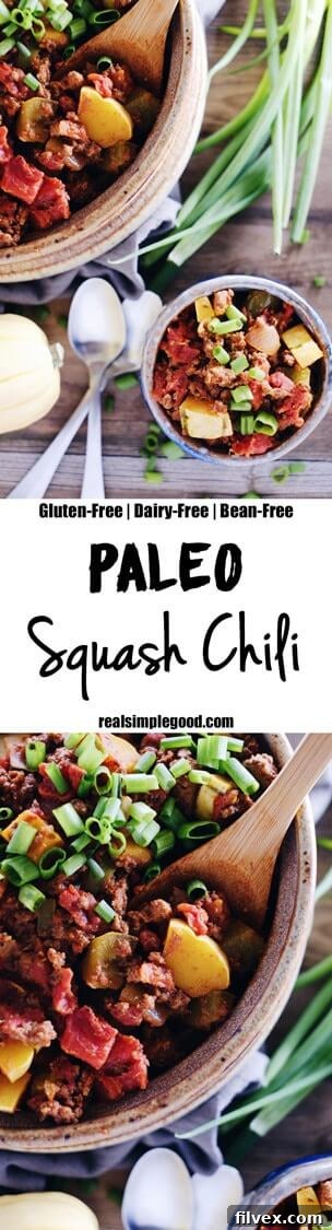 Paleo Squash Chili recipe card image with Whole30, Gluten-Free, Dairy-Free, and Bean-Free labels.