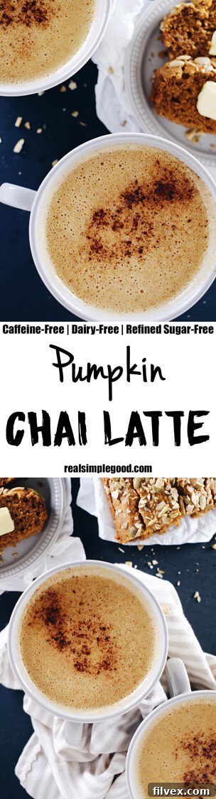 Pinterest graphic inviting users to save the pumpkin chai latte recipe for later enjoyment.