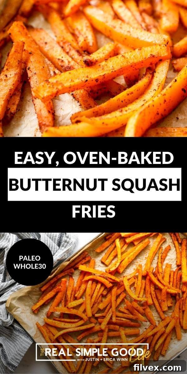 A vertical split image designed for social sharing, featuring two appealing shots of butternut squash fries with a central text overlay. The top image shows a close-up of crispy fries, while the bottom displays fries on a baking sheet, encouraging sharing.