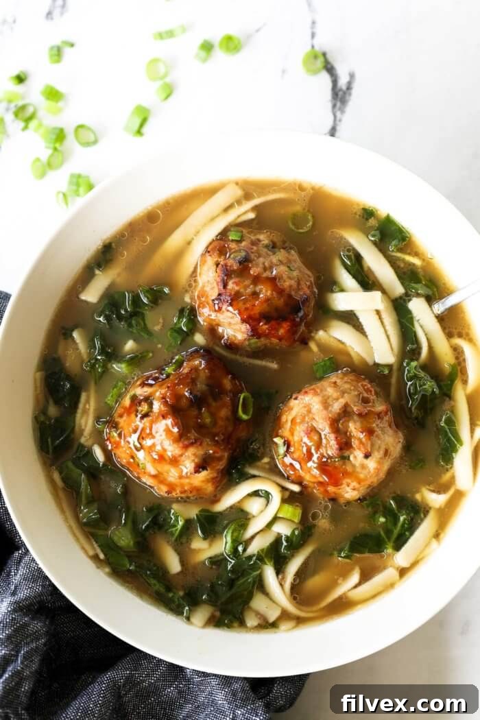 A close-up overhead shot of a steaming bowl of ramen noodles, with several golden-brown teriyaki turkey meatballs nestled amongst the noodles and savory broth, garnished with sliced green onions, illustrating a creative and delicious serving suggestion.