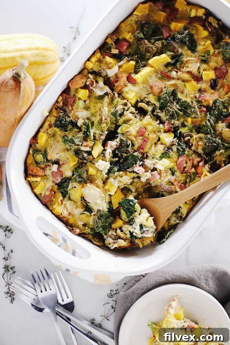 Our Paleo + Whole30 autumn breakfast casserole is full of fall flavors with kale, brussels sprouts, mushrooms, winter squash, leeks, eggs and sausage. Paleo, Whole30, Gluten-Free + Dairy-Free. | realsimplegood.com