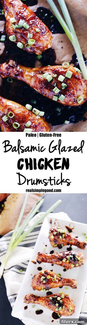 A vibrant, close-up shot of a single balsamic glazed chicken drumstick, garnished with fresh chopped green onions, highlighting its appealing texture and rich color.