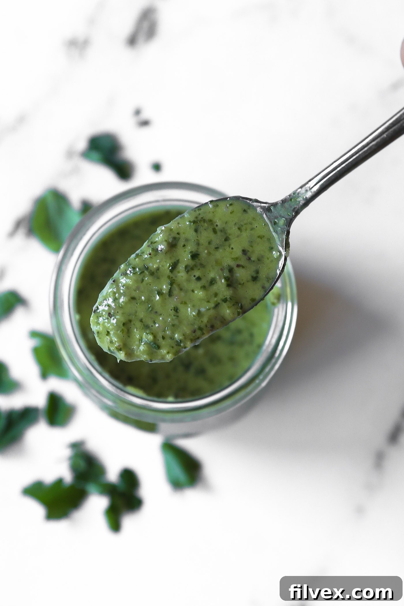 Delicious lemon herb sauce drizzled generously over grilled chicken and fresh green vegetables.