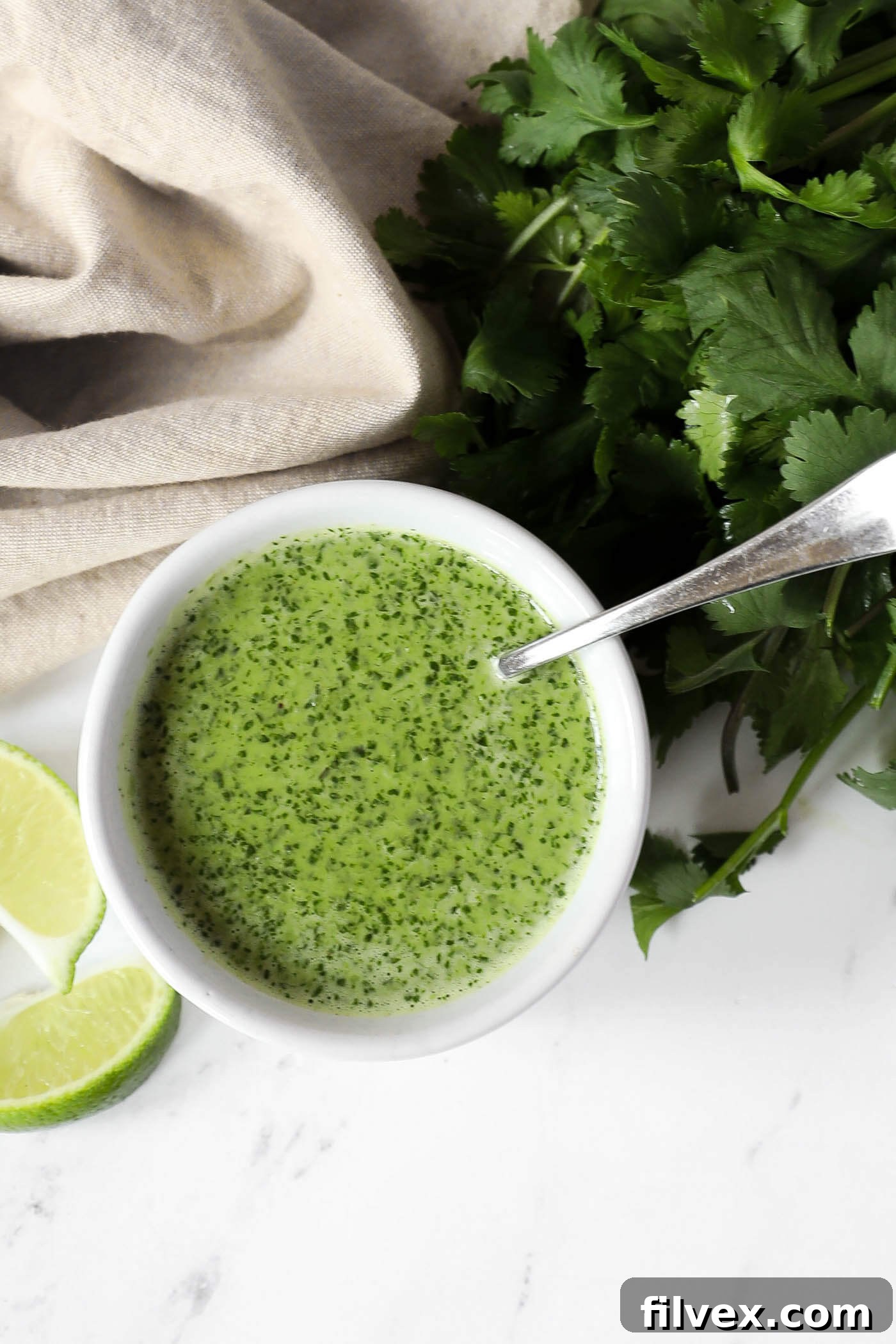 A vibrant bowl of fresh garlicky cilantro lime sauce, ready to be served with a spoon, surrounded by fresh cilantro leaves and lime wedges.
