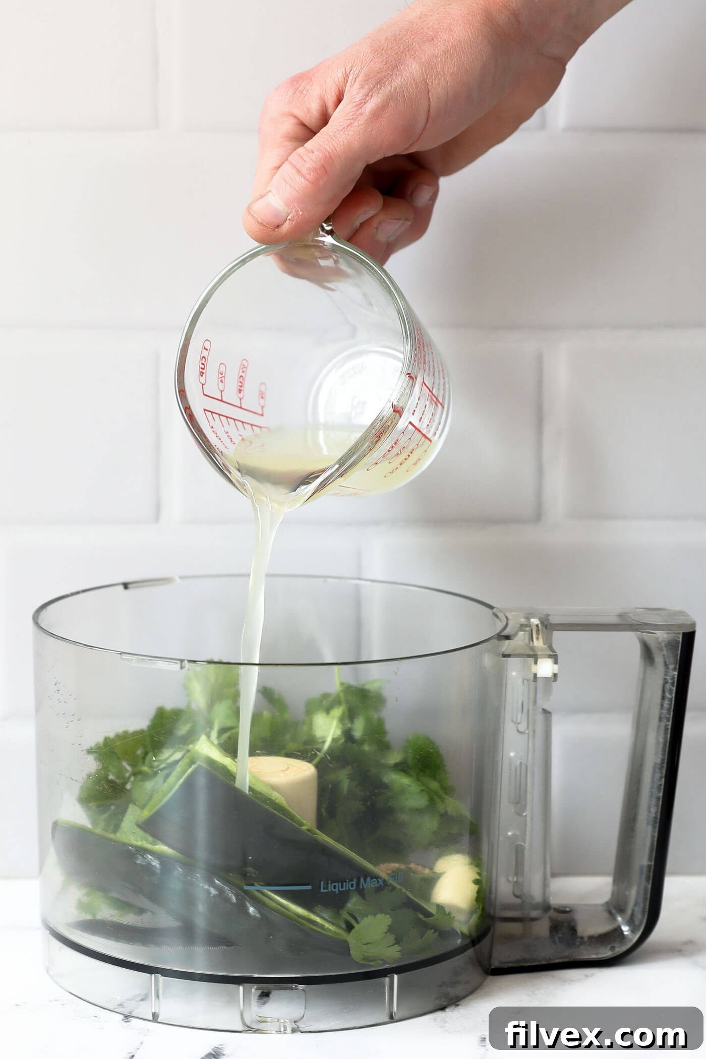 Fresh cilantro, peeled garlic cloves, and sliced poblano pepper being added to a food processor bowl.