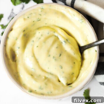 Overhead image of a small ramekin with vibrant green cilantro lime aioli, a spoon resting inside. The aioli looks thick and creamy.