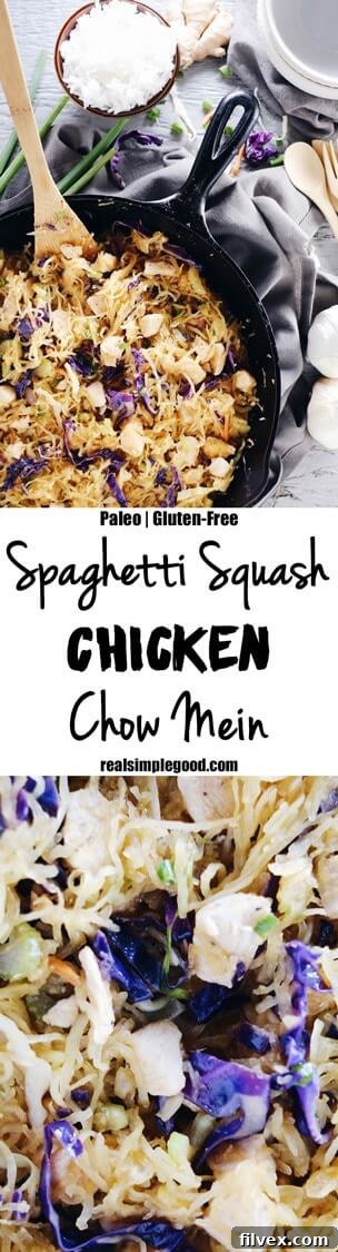 This spaghetti squash chicken chow mein is legit with all the flavor and none of the nonsense! Paleo + Gluten-Free. | realsimplegood.com